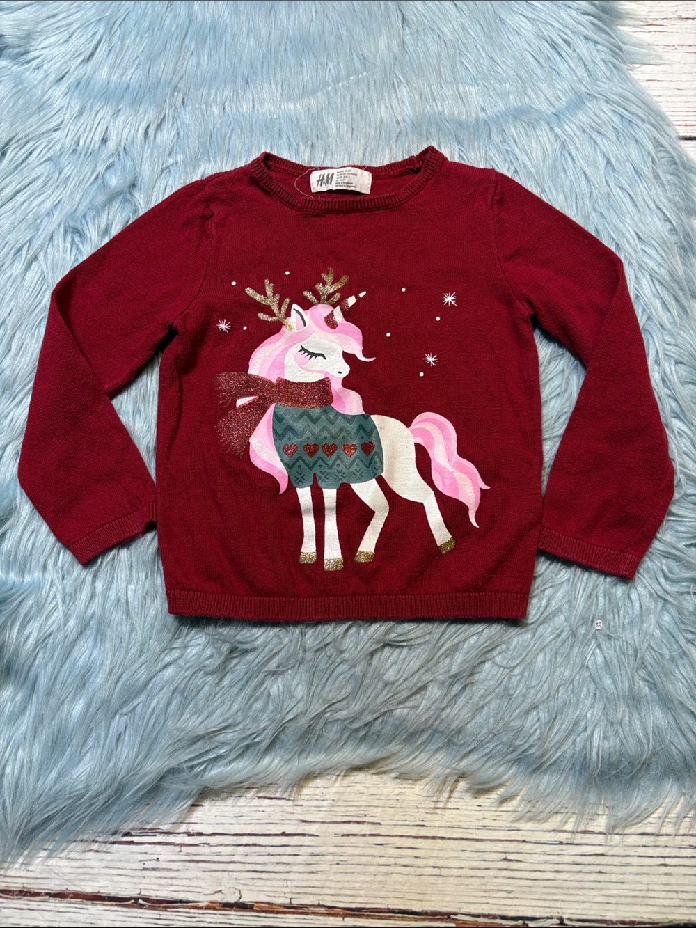 H&M Red Kids Sweater with Pink Unicorn Graphic Sz 2T